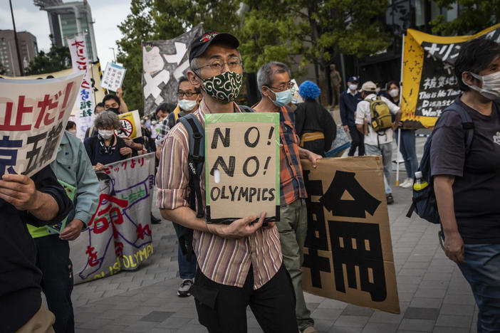 A crowd demonstrates against the Tokyo Olympics earlier this month in Tokyo. With less than three months remaining until the Olympics, concern lingers in Japan over the feasibility of hosting such a huge event during the ongoing COVID-19 pandemic.