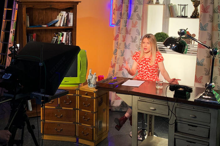 Journalist Masha Borzunova during a taping of the show <em>Fake News</em> in TV Rain's Moscow studios.
