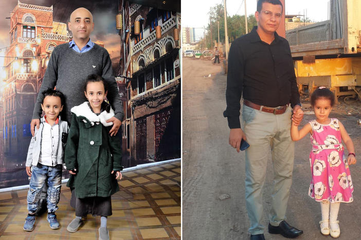 Left: Anwar Alsaeedi stands with his children, Nada, 9, and Mazeen, 6, in the Yemeni capital Sanaa. Right: Hatem al-Showaiter with his daughter in Djibouti, when his daughter was three and half years old. She is now aged seven and half.