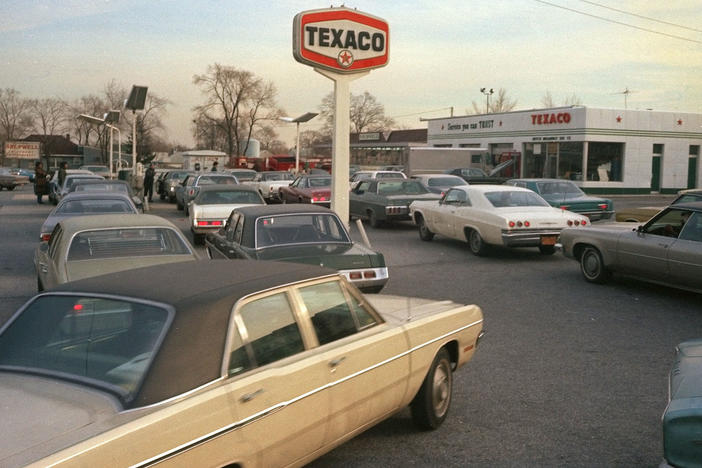 Motorists line up at a gas station on New York's Long Island, hoping to fill their tanks during the gasoline shortage of 1973-74. Long lines and fuel restrictions were common across the country.