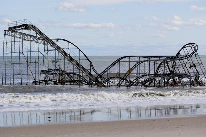 A roller coaster that once sat on the Funtown Pier in Seaside Heights, N.J., rests in the ocean on Oct. 31, 2012, after the pier was washed away by Hurricane Sandy.