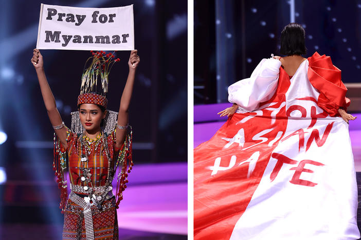 Left to right: Miss Universe Uruguay Lola de los Santos, Miss Universe Myanmar Ma Thuzar Wint Lwin and Miss Universe Bernadette Belle Ong during the National Costume segment of Miss Universe 2021