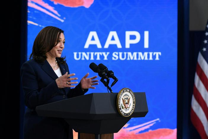 Vice President Harris addresses the Asian Pacific American Heritage Month Unity Summit on Wednesday.