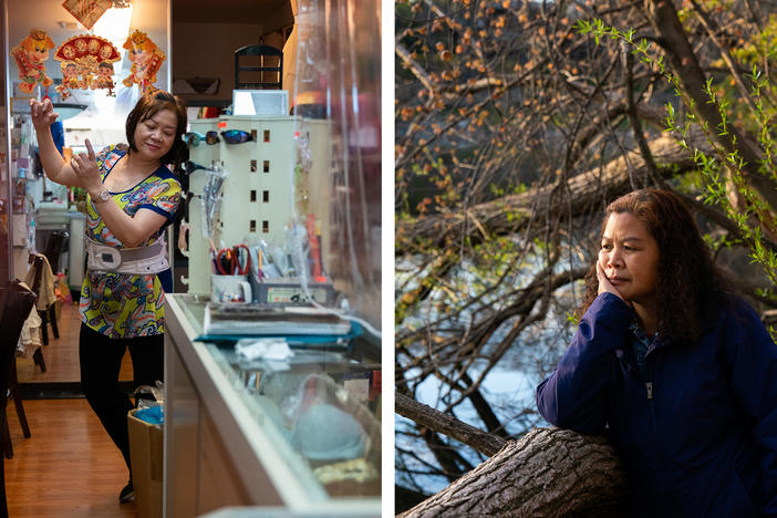 Left: Lisa Lai, 65, dances during breaks in the shop in Philadelphia. Right: Liang Runling, 56, stands for a portrait at Jamaica Pond, Brookline, Mass.