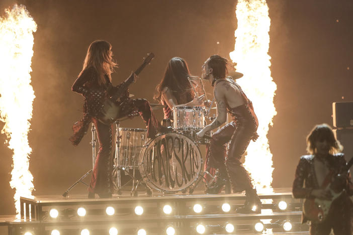 Maneskin from Italy performs "Zitti E Buoni" at the final of the Eurovision Song Contest at Ahoy arena in Rotterdam, Netherlands, on Saturday.