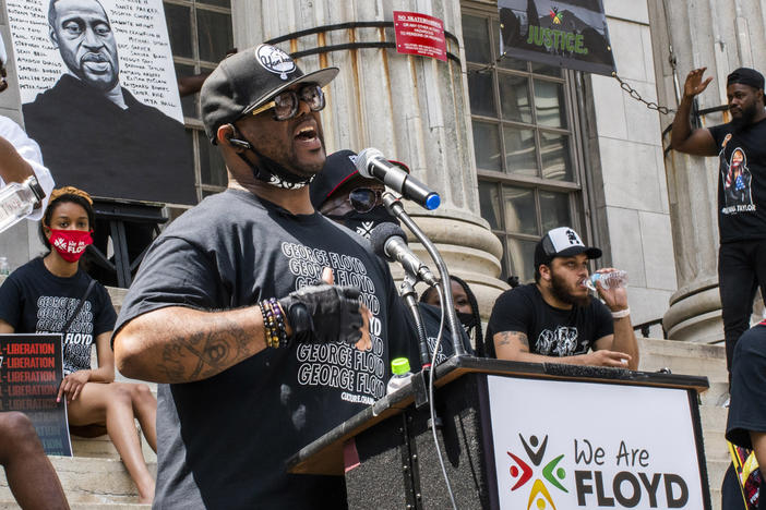 Terrence Floyd, brother of George Floyd, speaks during a rally on Sunday, in Brooklyn borough of New York.