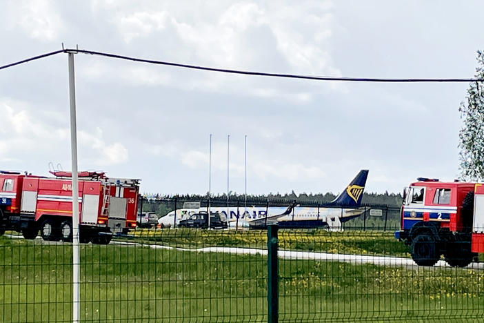 A Ryanair Boeing is parked at Minsk International Airport on Sunday. Belarusian opposition activist Roman Protasevich was detained at Minsk airport after his Lithuania-bound flight made an emergency landing.