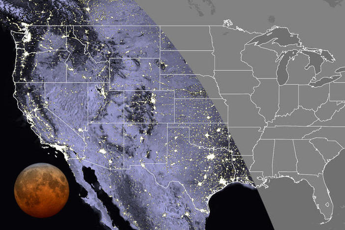 This map shows the visibility of the total lunar eclipse in the contiguous U.S. at 7:11 a.m. Eastern time this Wednesday. The total lunar eclipse will be visible everywhere in the Pacific and Mountain time zones, as well as in Texas, Oklahoma, western Kansas, Hawaii and Alaska.