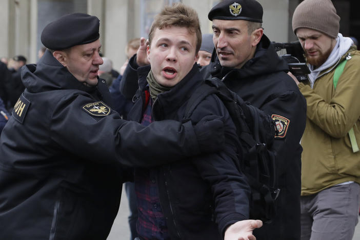 Belarus police detain journalist Roman Protasevich center, in Minsk, Belarus March 26, 2017. Protasevich was arrested after an airliner in which he was riding was diverted to Belarus.