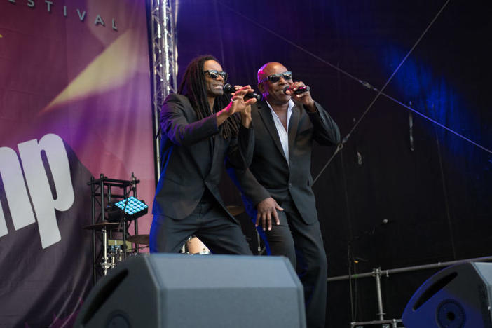 John Davis (right), onstage with former Milli Vanilli star Fabrice "Fab" Morvan, in Eisenach, Germany, in 2018.