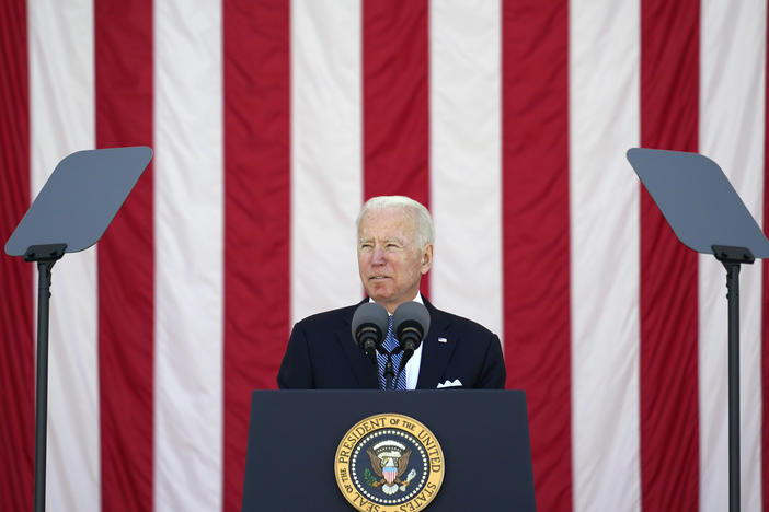 President Joe Biden speaks during the National Memorial Day Observance at Arlington National Cemetery Monday. His budget proposal drops a decades-long ban on public funding for abortion.