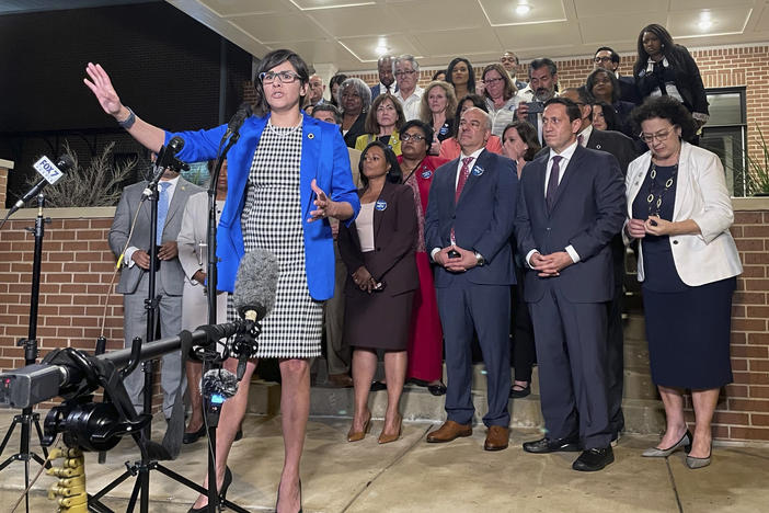 Texas state Rep. Jessica González speaks during a news conference early Monday in Austin after House Democrats pulled off a dramatic, last-ditch walkout in the state Legislature and blocked one of the most restrictive voting bills in the U.S. from passing.