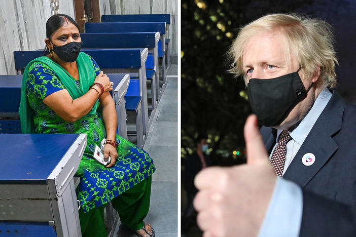 From left: A New Delhi woman waits in an observation room after getting the Covishield vaccine (the name used for the AstraZeneca vaccine in India) on May 26. U.K. Prime Minister Boris Johnson leaves a vaccination center after his first AstraZeneca dose on March 19. On March 9, Nairobi, Kenya, began vaccinating groups, including health care workers and older people, with the AstraZeneca vaccine.