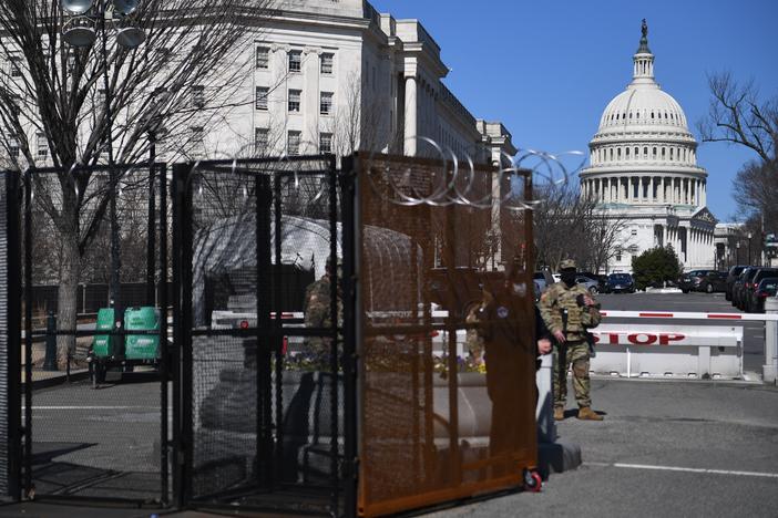 Members of the National Guard patrol near the U.S. Capitol in March in Washington.