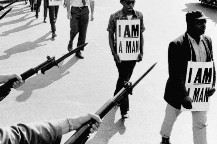 Civil rights activists are blocked by National Guard members brandishing bayonets while trying to stage a protest on Beale Street in Memphis, Tenn., in 1968.