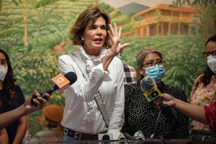 Cristiana Chamorro, pre-presidential candidate, gives a press conference in Nicaragua's capital, Managua, in May after the detention of two of her former employees by the national police and their retention for 90 days for alleged laundering of assets.