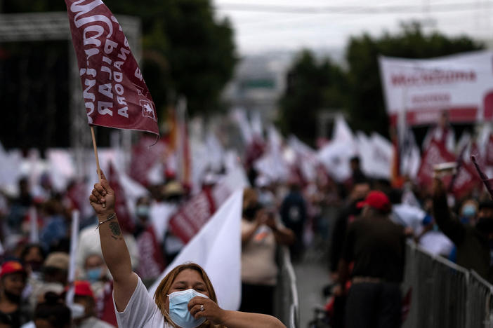 Supporters of the Morena party's candidate for governor of Baja California, Marina del Pilar Ávila, attend the closing campaign rally in Tijuana, Baja California, Mexico, on Wednesday.