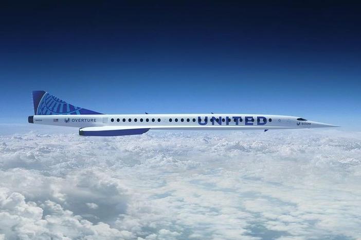 An illustration of the Overture supersonic airliner designed by the Boom Supersonic company of Denver, Colo. United Airlines announced it will purchase 15 of the planes for commercial passenger service.