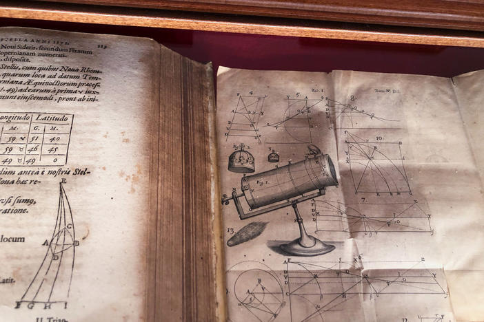 Astronomical text books in Latin are displayed at the Vatican Observatory.