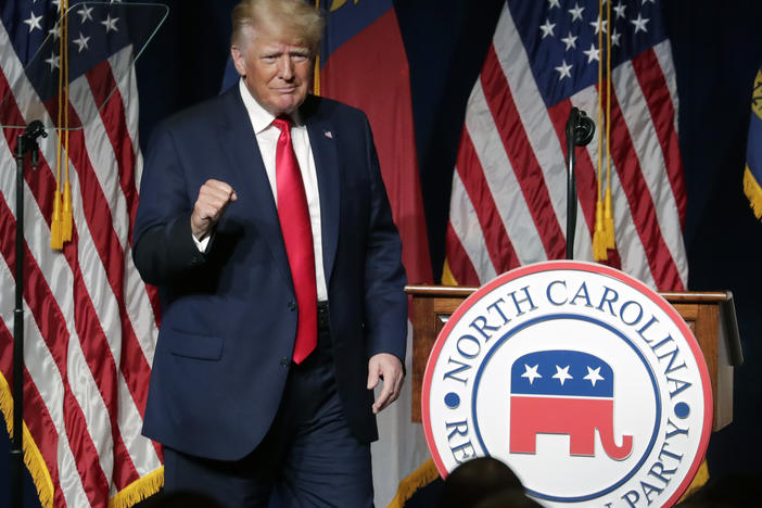 Former President Donald Trump hit many of the touchstones of his culture war, grievance-based politics at the North Carolina Republican Convention Saturday in Greenville, N.C.