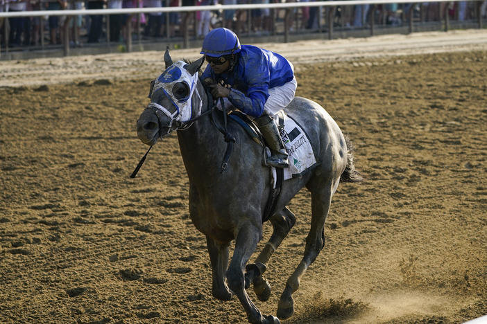 Essential Quality, with jockey Luis Saez, crosses the finish line to win the 153rd running of the Belmont Stakes horse race on Saturday at Belmont Park in Elmont, N.Y.