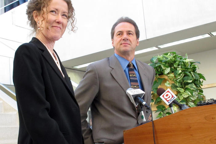 Tracy Stone-Manning (left) was named in 2012 by Gov.-elect Steve Bullock to run the Montana Department of Environmental Quality, in Helena, Mont. Stone-Manning has been nominated by President Joe Biden to lead an agency that oversees about a quarter-billion acres of public lands in western states.