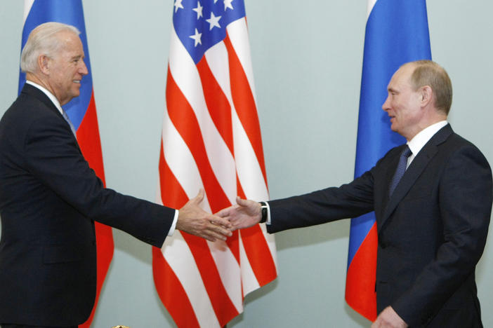 Joe Biden and Vladimir Putin, seen here in 2011 when the U.S. president was vice president and his Russian counterpart was prime minister, are scheduled to meet June 16 in Geneva.