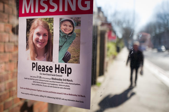 Posters seeking information about Sarah Everard appear near Clapham Common in London in March after her disappearance. Her body was later found in Kent in southeast England. Wayne Couzens, a London Metropolitan Police officer, has admitted to kidnapping and raping Everard.