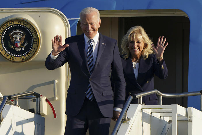 President Biden and first lady Jill Biden arrive Wednesday at Royal Air Force Mildenhall in England ahead of the G-7 summit. The president will try to reestablish U.S. global leadership and repair old friendships.