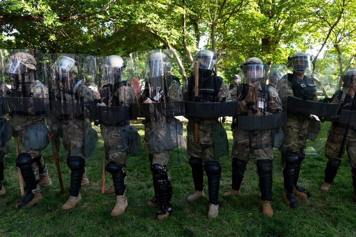National Guard soldiers protect a park during protests near the White House on June 1, 2020.