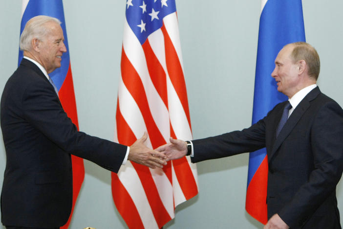 In this 2011 photo, Joe Biden, then vice president, shakes hands with Vladimir Putin, then Russia's prime minister, in Moscow. President Biden will hold a summit with Putin this week in Geneva, a face-to-face meeting between the two leaders that comes amid escalating tensions between the U.S. and Russia.
