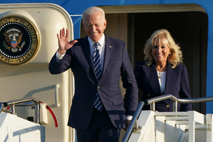 President Biden and first lady Jill Biden arrive on Air Force One at RAF Mildenhall in Suffolk on June 9 ahead of a series of summits and meetings in Europe.