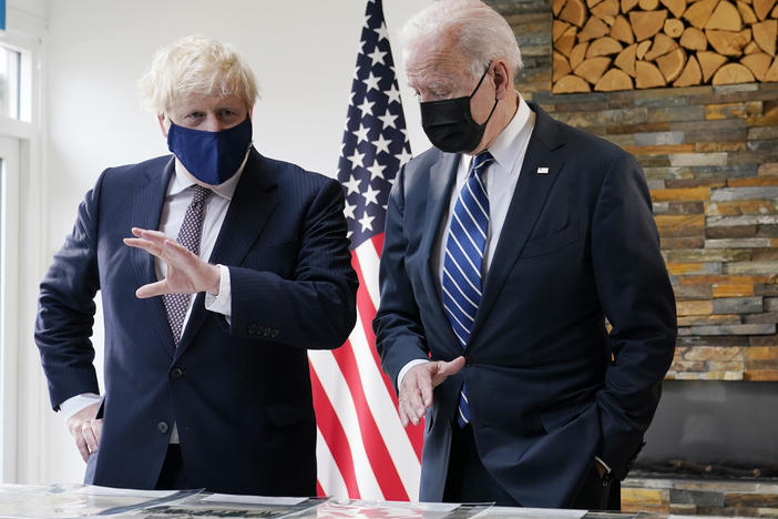 President Biden and British Prime Minister Boris Johnson speak during a bilateral meeting ahead of the G-7 summit on Thursday in Carbis Bay, England.