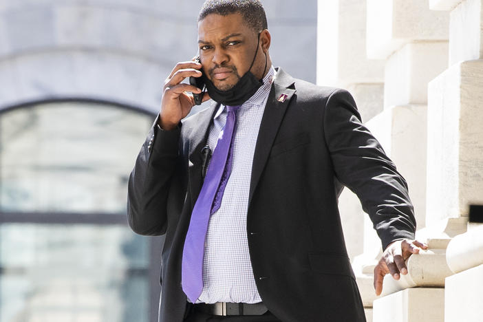 Eugene Goodman of the U.S. Capitol Police will throw out the ceremonial first pitch at a June 18 Washington Nationals home game. He's seen here at the Senate carriage entrance of the Capitol.