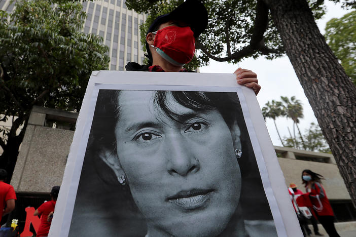 Members of the Burmese-American community hold a demonstration outside the Office of the Consulate General of Myanmar in Los Angeles in April.