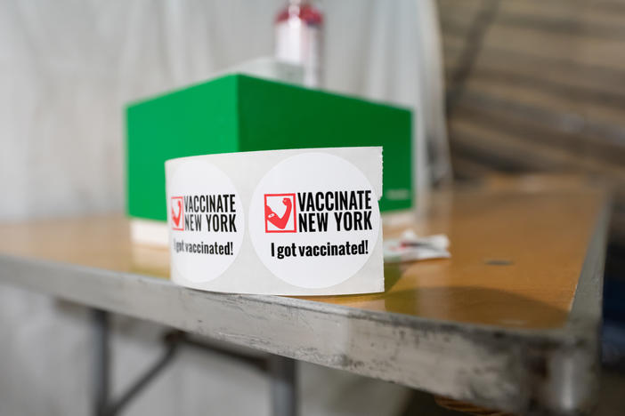 A sticker reads, "I got vaccinated," at a vaccination site inside Penn Station last month in New York City.