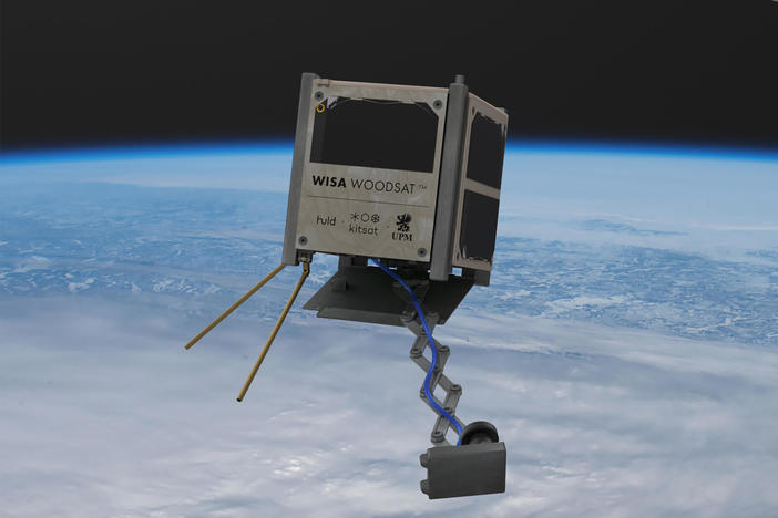 WISA Woodsat, seen in an artist's rendering, is billed as the world's first wooden satellite. It's set to be launched from New Zealand before the end of the year.
