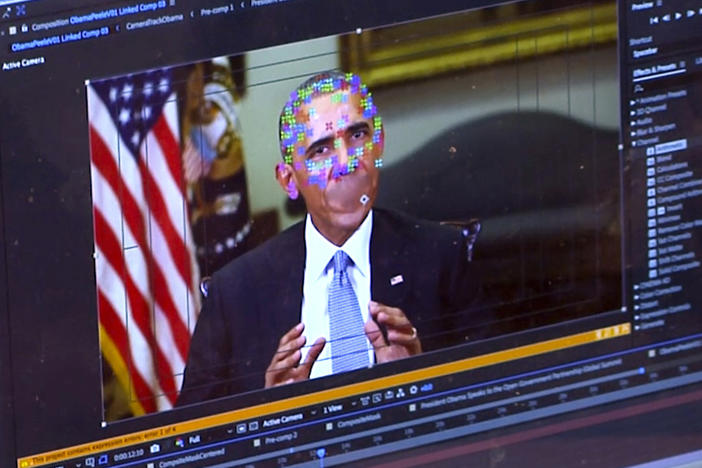 This image made from video of a fake video featuring former President Barack Obama shows elements of facial mapping used for deepfakes that lets anyone make videos of real people appearing to say things they've never said.