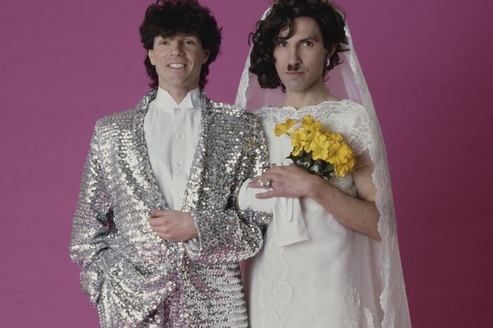 From left, Russell and Ron Mael, who record as Sparks, photographed in 1982 during the cover shoot for their album <em>Angst In My Pants</em>.