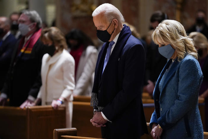 President Joe Biden and his wife, Jill Biden, shown here on Jan. 20, 2021, attend Mass at the Cathedral of St. Matthew the Apostle during Inauguration Day ceremonies in Washington, D.C.