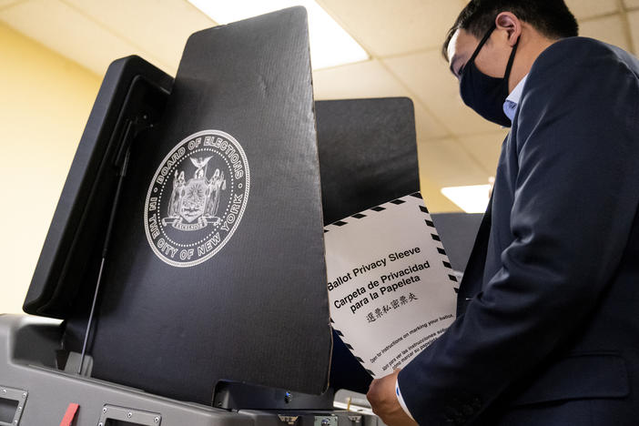 New York City Democratic mayoral candidate Andrew Yang prepares to cast his ballot at an early voting site last week. The election provides America's biggest-yet test for ranked-choice voting.