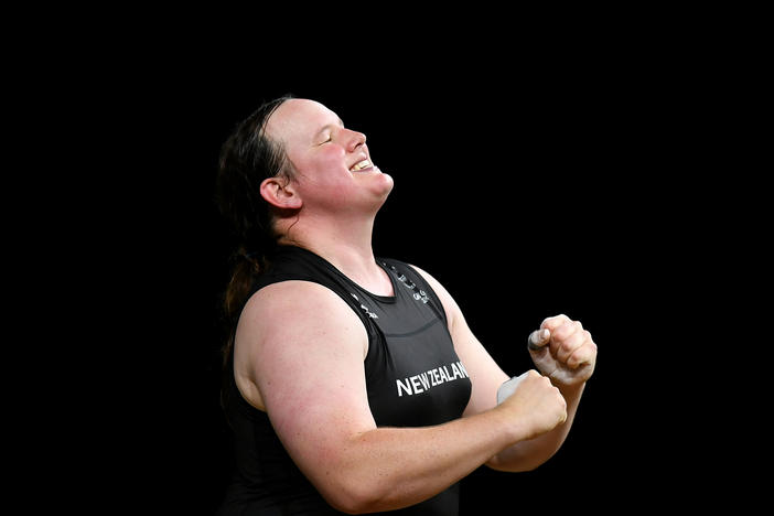 New Zealand weightlifter Laurel Hubbard celebrates completing a lift at the 2018 Commonwealth Games in Australia. Hubbard has been named to New Zealand's team at the Tokyo Olympics, making her the first openly transgender competitor at the Olympics.