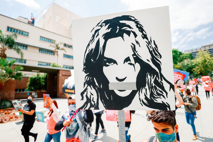 #FreeBritney activists protest outside the Los Angeles Superior Court during one of Britney Spears' hearings this April.