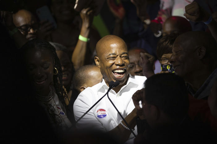 Democratic mayoral candidate Eric Adams mingles with supporters during his election night party Tuesday in New York City.