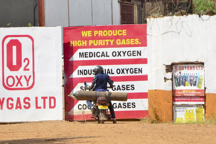 An oxygen cylinder plant in Kampala, Uganda. The Ugandan army has started producing oxygen for state-run hospitals to ease the burden existing plants as COVID-19 cases — and demand for oxygen for severe illness — keep rising.