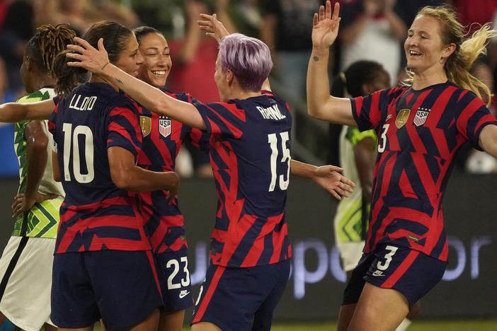 Most of the winning U.S. team from the 2019 Women's World Cup will reunite for the Tokyo Olympics, including Carli Lloyd, Christen Press, Megan Rapinoe and Samantha Mewis. They seen here last week in Austin, Tex., where they beat Nigeria 2-0.