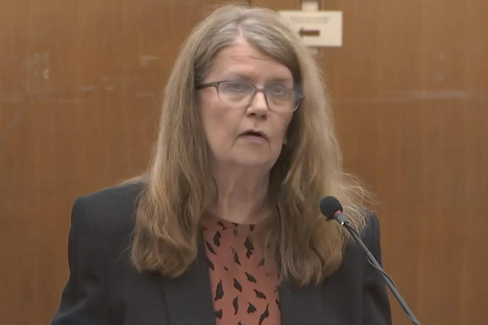 Carolyn Pawlenty, the mother of former Minneapolis police officer Derek Chauvin, speaks in court Friday on her son's behalf. She asked Judge Peter Cahill to be lenient in sentencing her son.