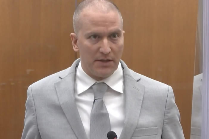 Former Minneapolis police officer Derek Chauvin addresses the court Friday at his sentencing hearing. He was sentenced to 22 1/2 years in prison for the murder of George Floyd.
