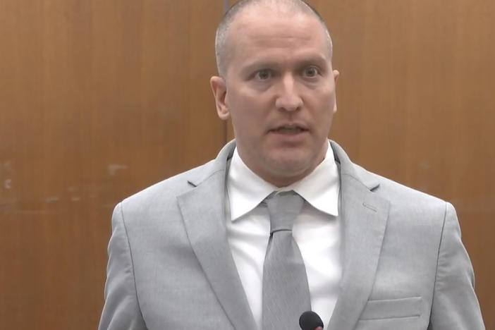 Former Minneapolis police Officer Derek Chauvin addresses the court Friday as Judge Peter Cahill presides over his sentencing at the Hennepin County Courthouse in Minneapolis.