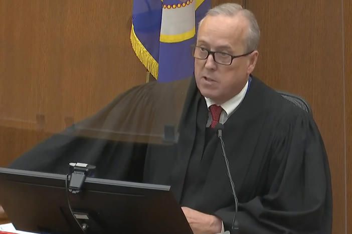 Hennepin County, Minn., Judge Peter Cahill presides over the sentencing of former Minneapolis police officer Derek Chauvin on Friday. He sentenced Chauvin to 22 1/2 years in prison for George Floyd's murder.
